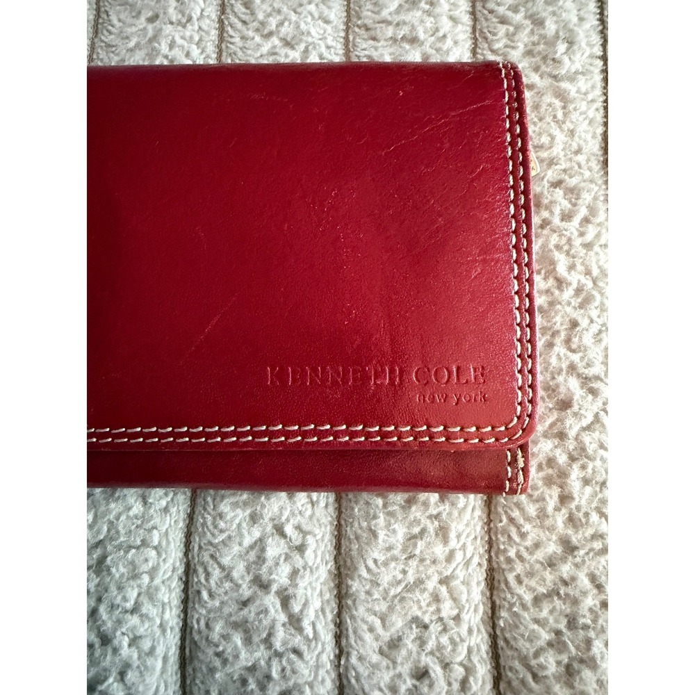 Kenneth Cole New York Red Leather Continental Trifold Wallet White Stitching - Picture 3 of 10